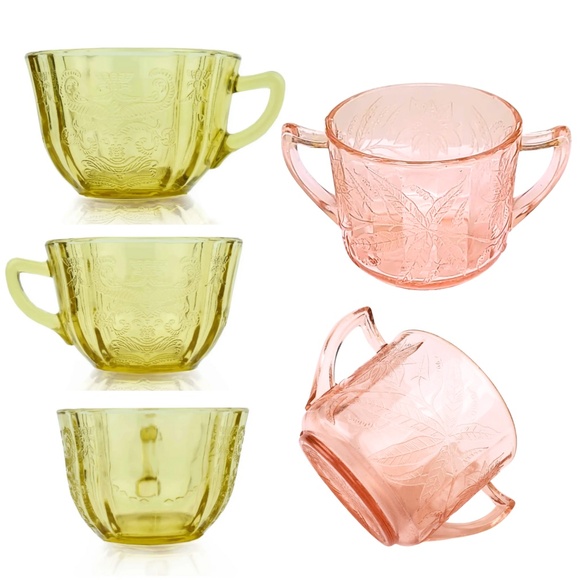 Vintage Madrid Cups + Poinsettia Sugar Dish | Pastel Pink & Yellow | Coquette - Picture 1 of 10